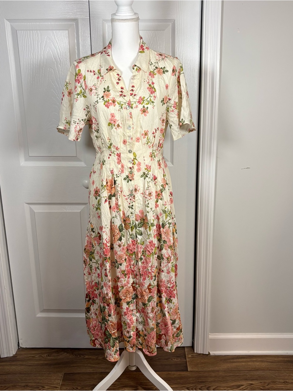 Women’s L Cottagecore Floral Midi Dress Romantic Boho Prairie Garden Party